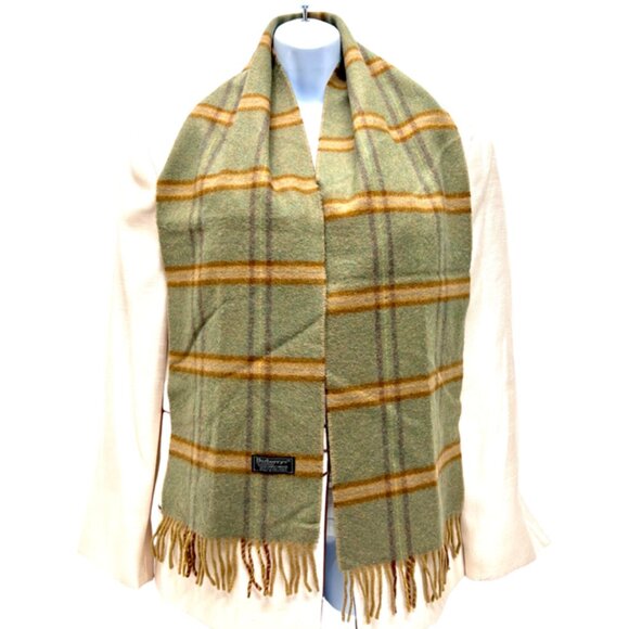 Men-Women Burberry Of London  Scarf 100% Wool Olive Beige Plaid Fringe66"x10"(21 - Picture 5 of 8
